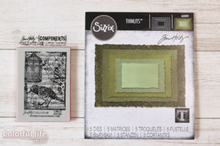 ATC Stamp BIRDSONG（Tim Holtz Cling Rubber ATC Stamp：COM033）、STACKED DECKLE Thinlits Die（Tim Holtz Sizzix：662694）